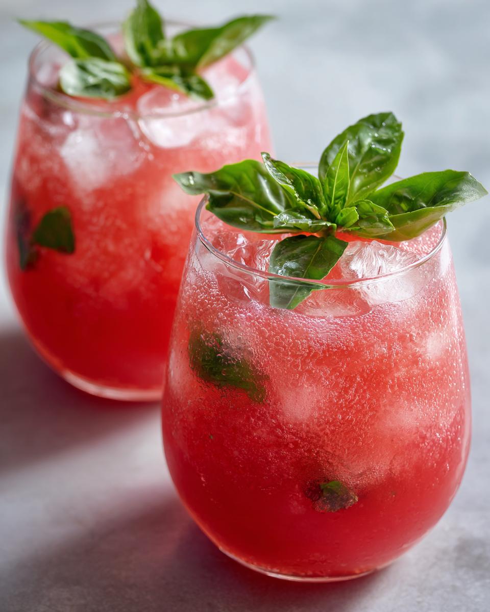 Two glasses of Watermelon Basil Lemonade garnished with fresh basil leaves and ice.