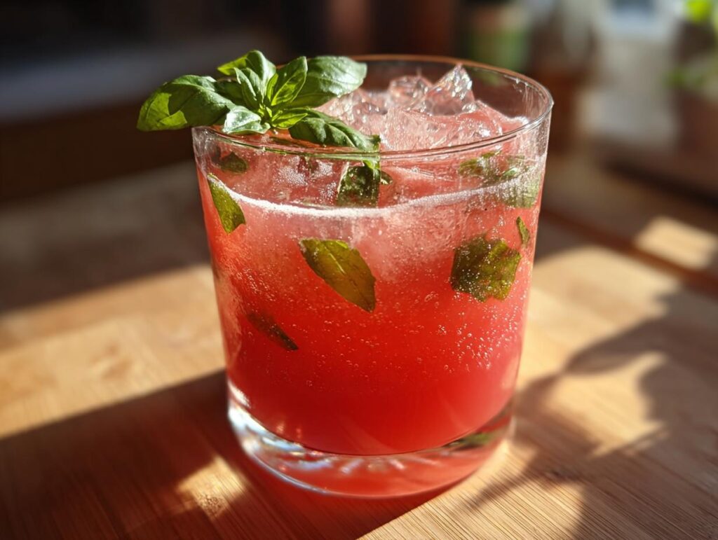 Close-up of a glass of Watermelon Basil Lemonade garnished with fresh basil leaves and ice.