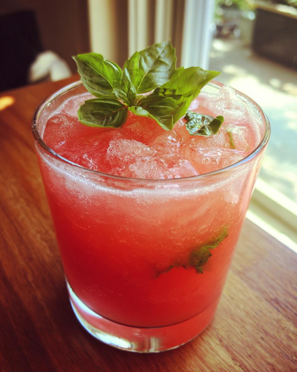 Glass of refreshing Watermelon Basil Lemonade garnished with basil leaves and ice.