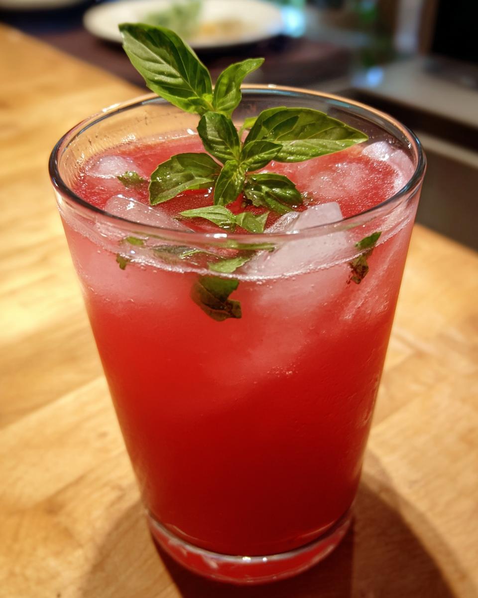 Glass of refreshing Watermelon Basil Lemonade garnished with fresh basil and ice.