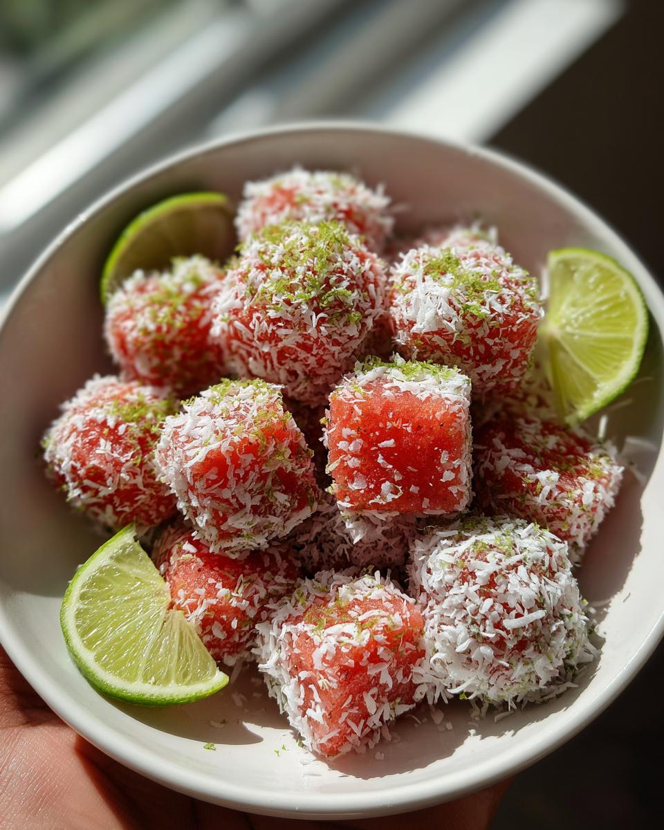 Close-up of Watermelon Coconut Bites, coated in coconut flakes and lime zest, in a white bowl with lime wedges.