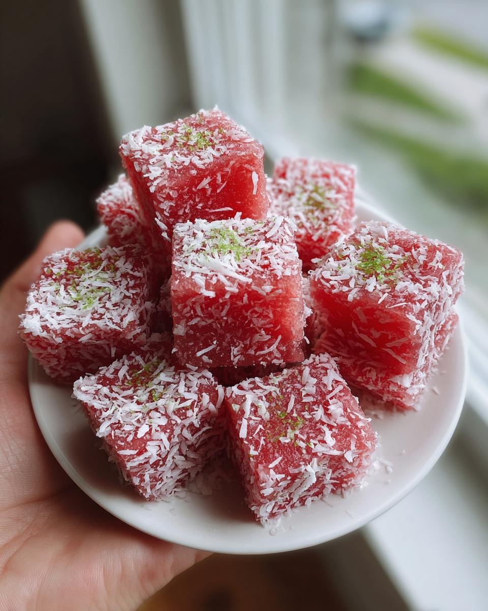 Close-up of Watermelon Coconut Bites, a refreshing treat made with watermelon and coconut flakes.