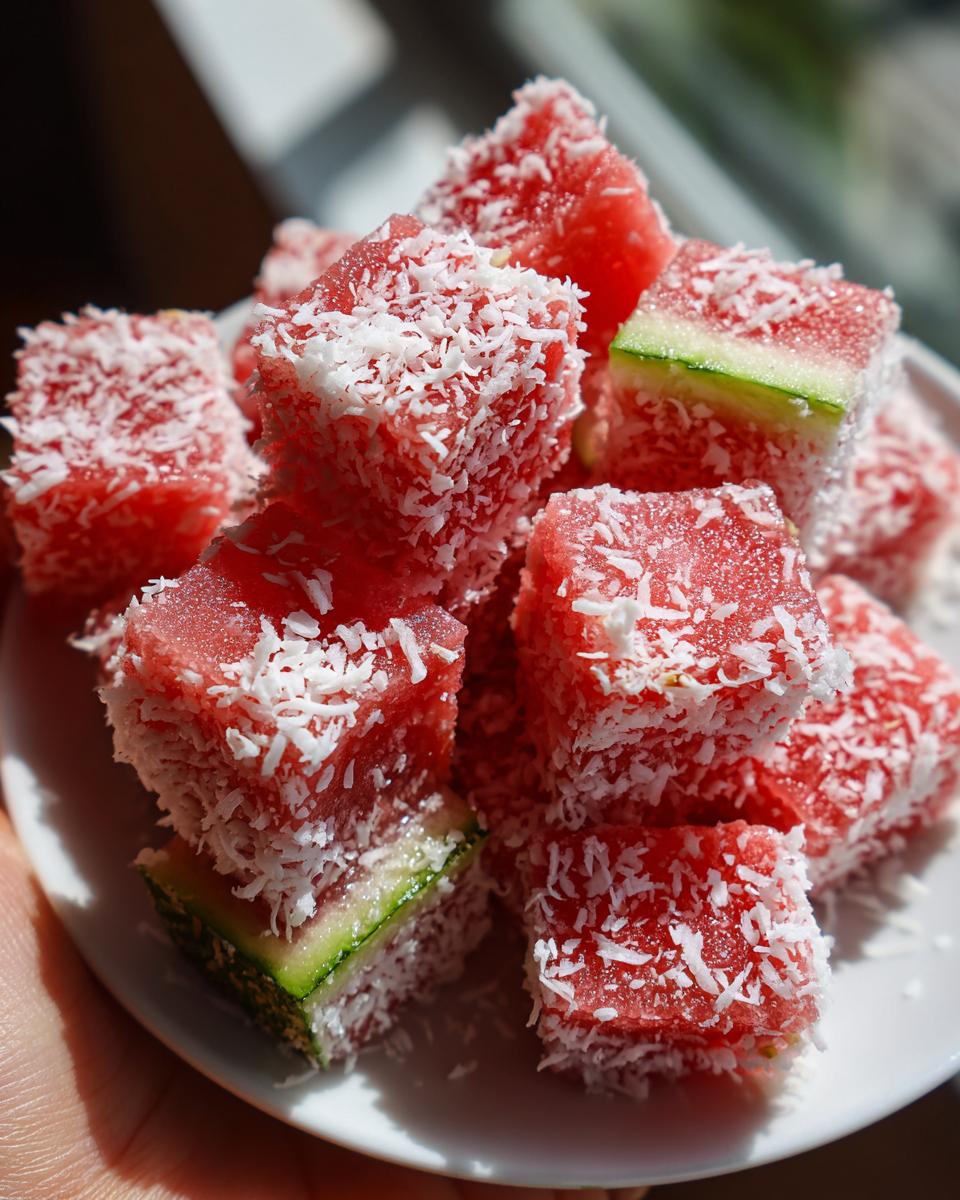 Close-up of Watermelon Coconut Bites, showing watermelon cubes coated in coconut flakes.