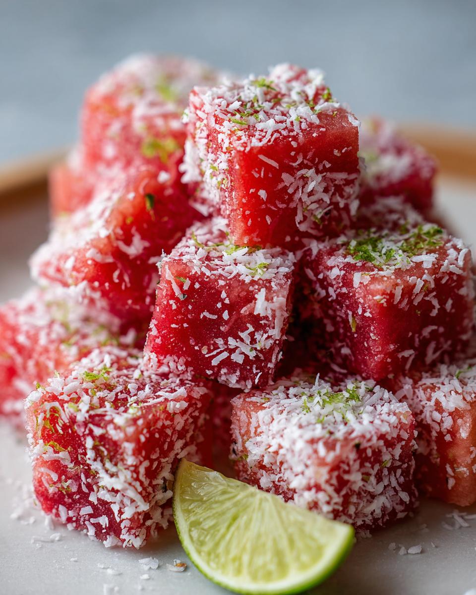 Close-up of stacked Watermelon Coconut Bites, coated in coconut flakes, with a lime wedge.