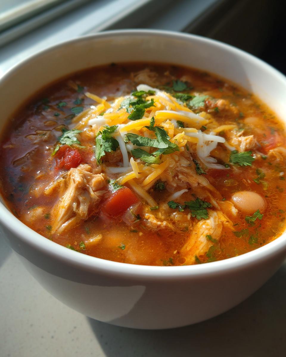 A bowl of White Bean Chicken Chili, topped with cheese and cilantro.