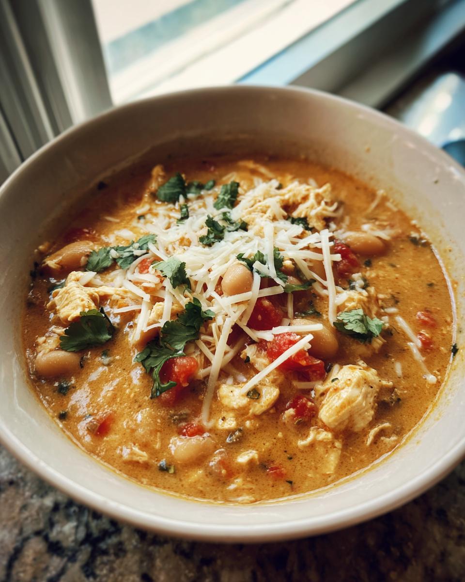 A bowl of White Bean Chicken Chili, garnished with cheese and cilantro.