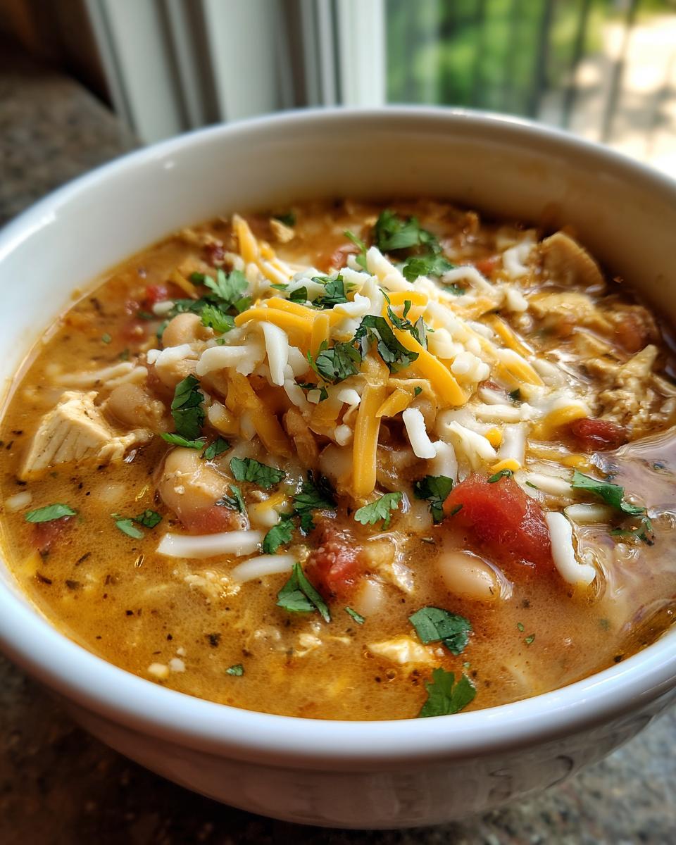 Close-up of a bowl of White Bean Chicken Chili topped with cheese and cilantro.