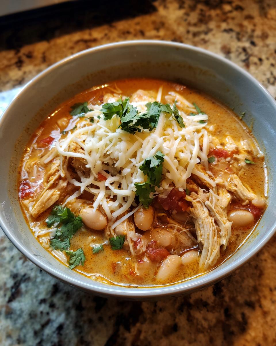 A bowl of creamy White Bean Chicken Chili topped with cheese and cilantro.