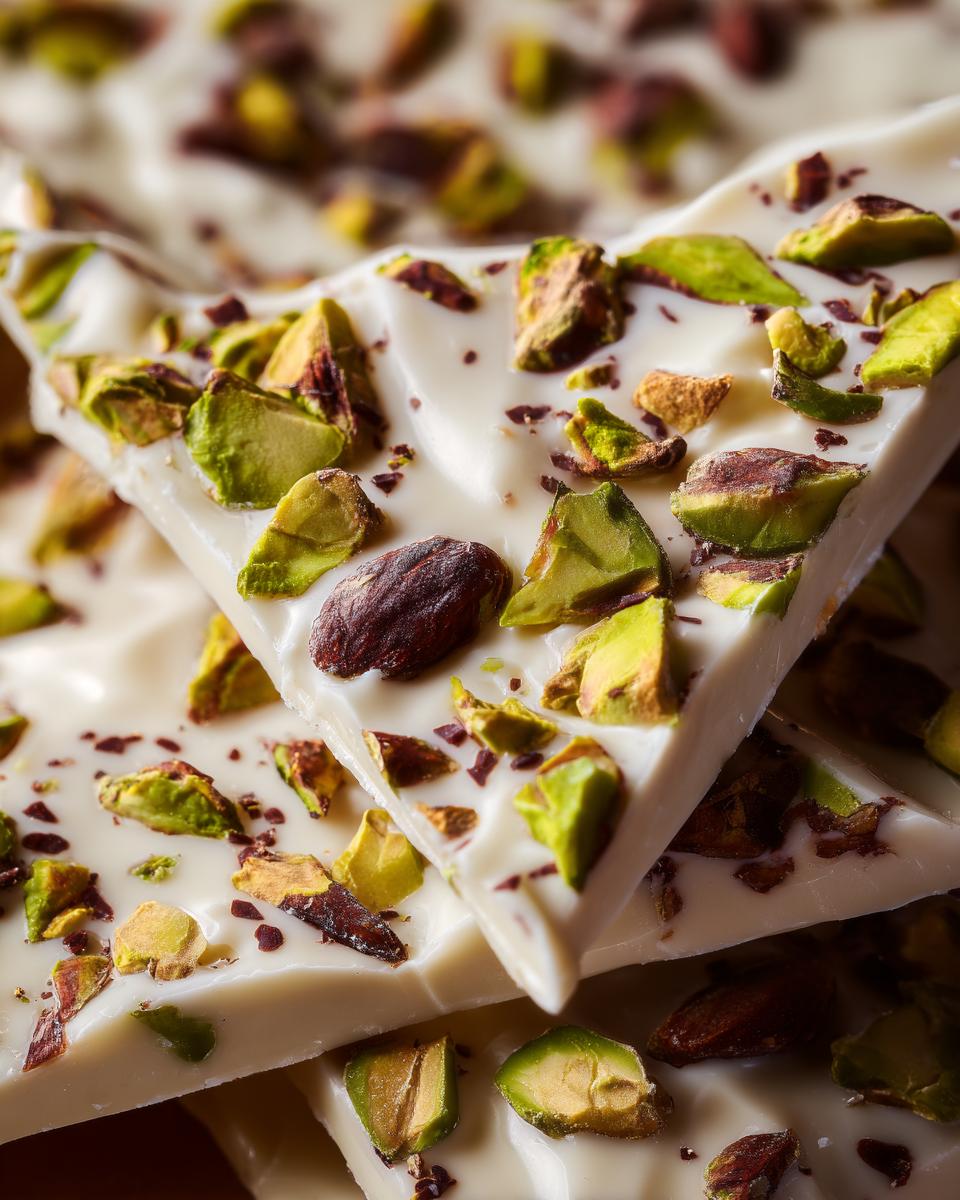 Close-up of white chocolate pistachio bark, showing pistachios on top. Perfect for a quick treat.