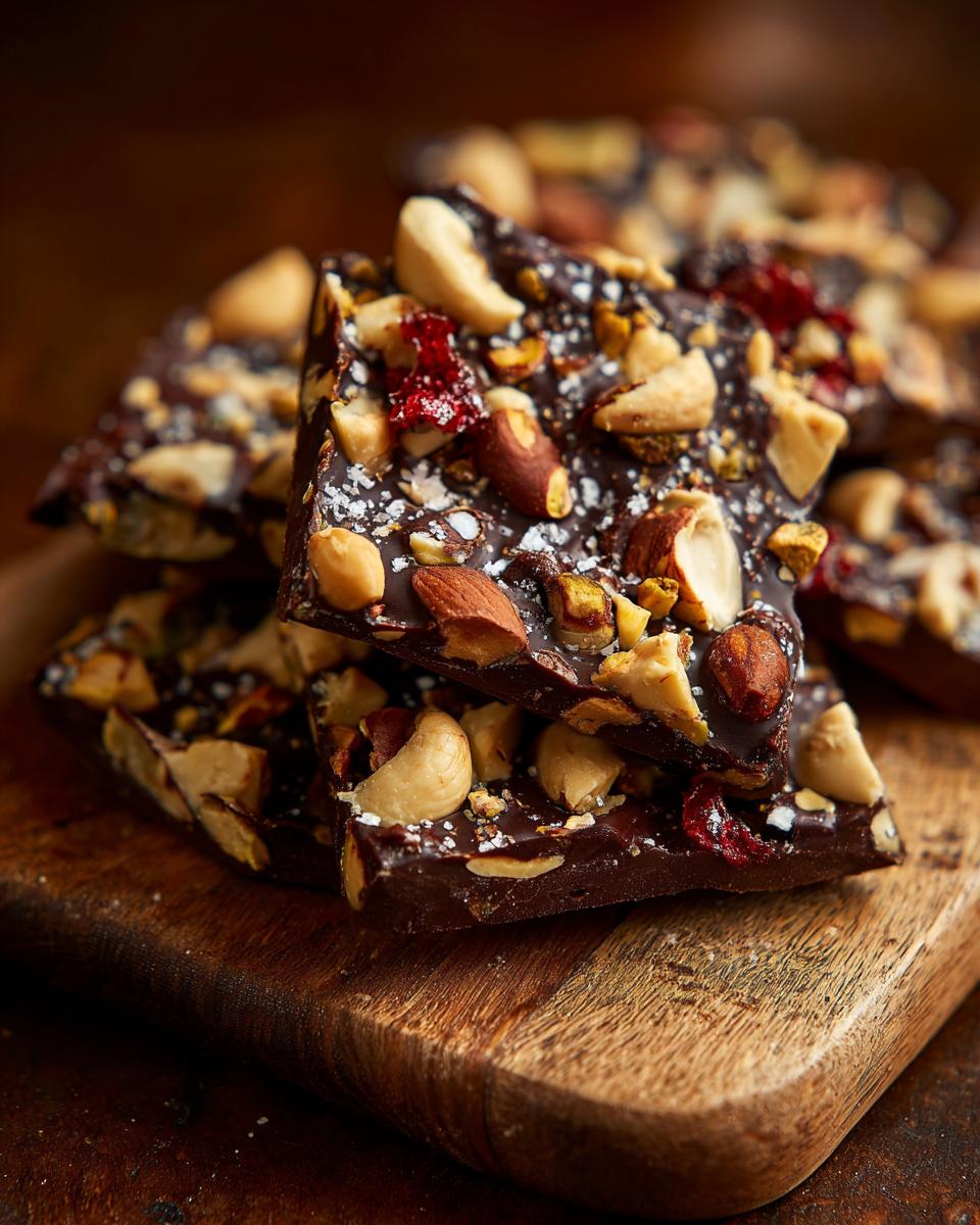 Close-up of delicious White Chocolate Pistachio Bark with nuts and dried cranberries on wooden board.
