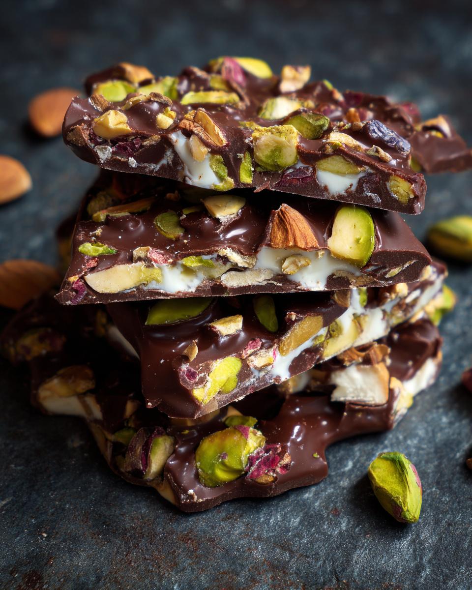 Close-up of stacked pieces of White Chocolate Pistachio Bark, showing nuts and chocolate.