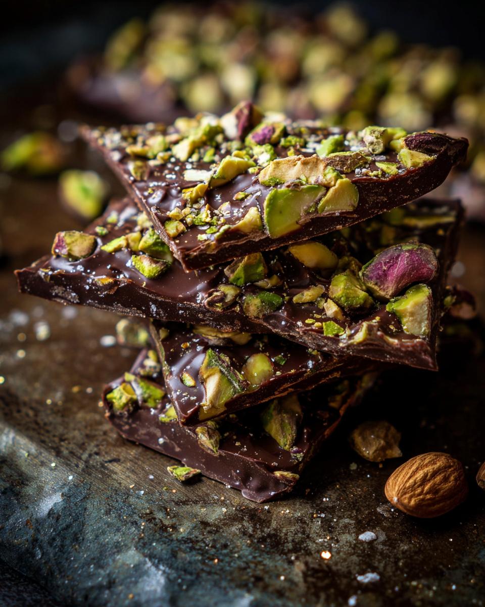 Close-up of stacked pieces of White Chocolate Pistachio Bark, topped with pistachios.