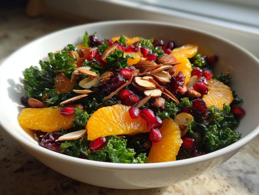 Close-up of a vibrant Winter Kale Salad with citrus segments, pomegranate seeds, and almonds.