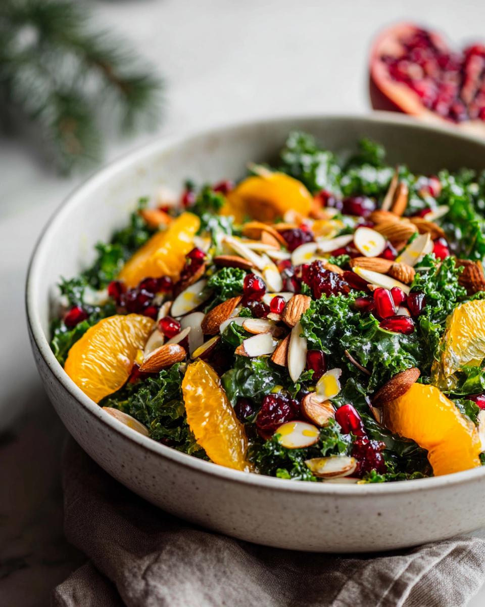 Close-up of a Winter Kale Salad with Citrus Vinaigrette, oranges, almonds, and pomegranate seeds.
