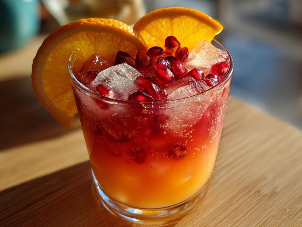 Close-up of a Winter Sunrise Mocktail (Orange + Pomegranate) with orange slices and pomegranate seeds.