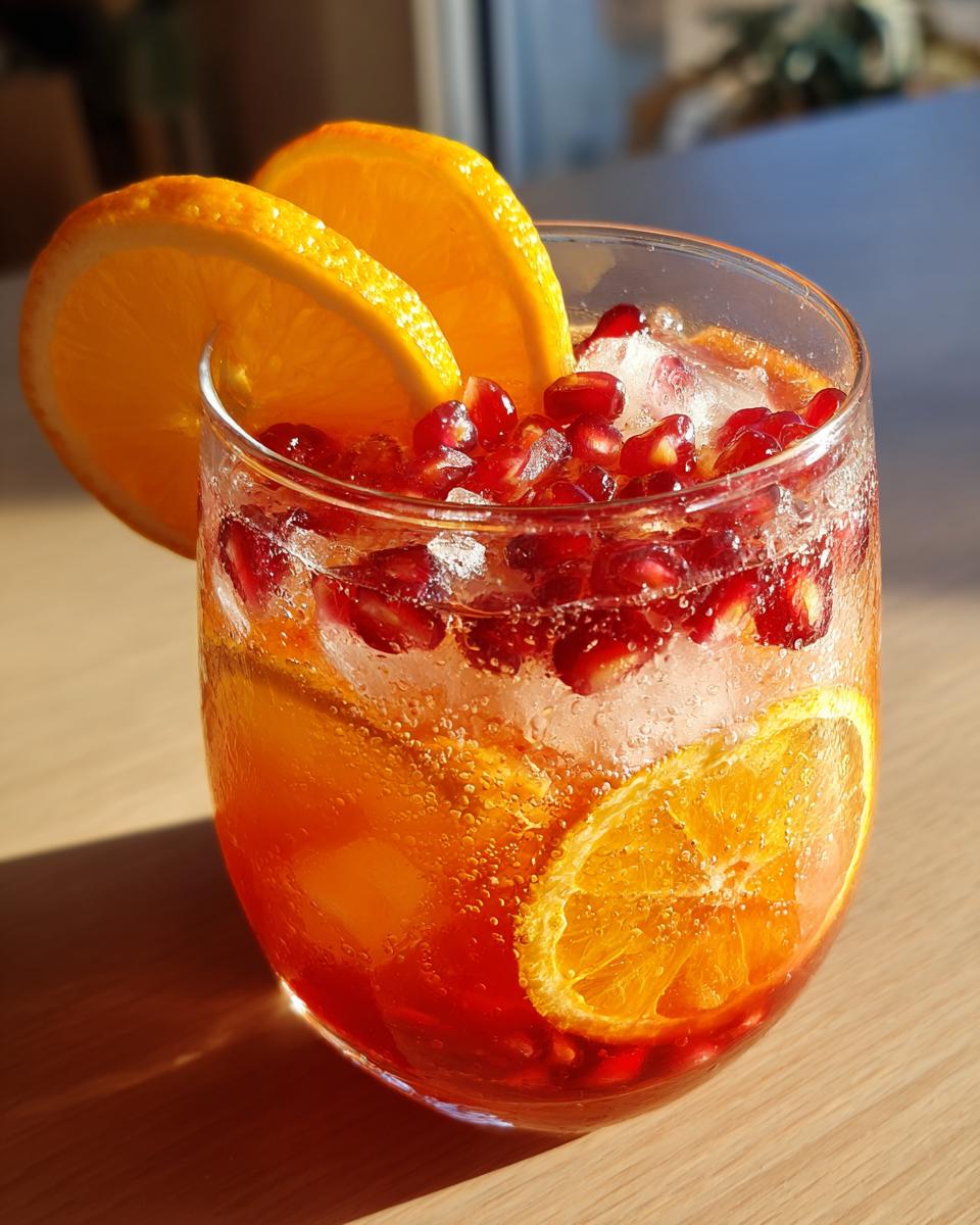 Close-up of a Winter Sunrise Mocktail with orange slices, pomegranate seeds, and ice.