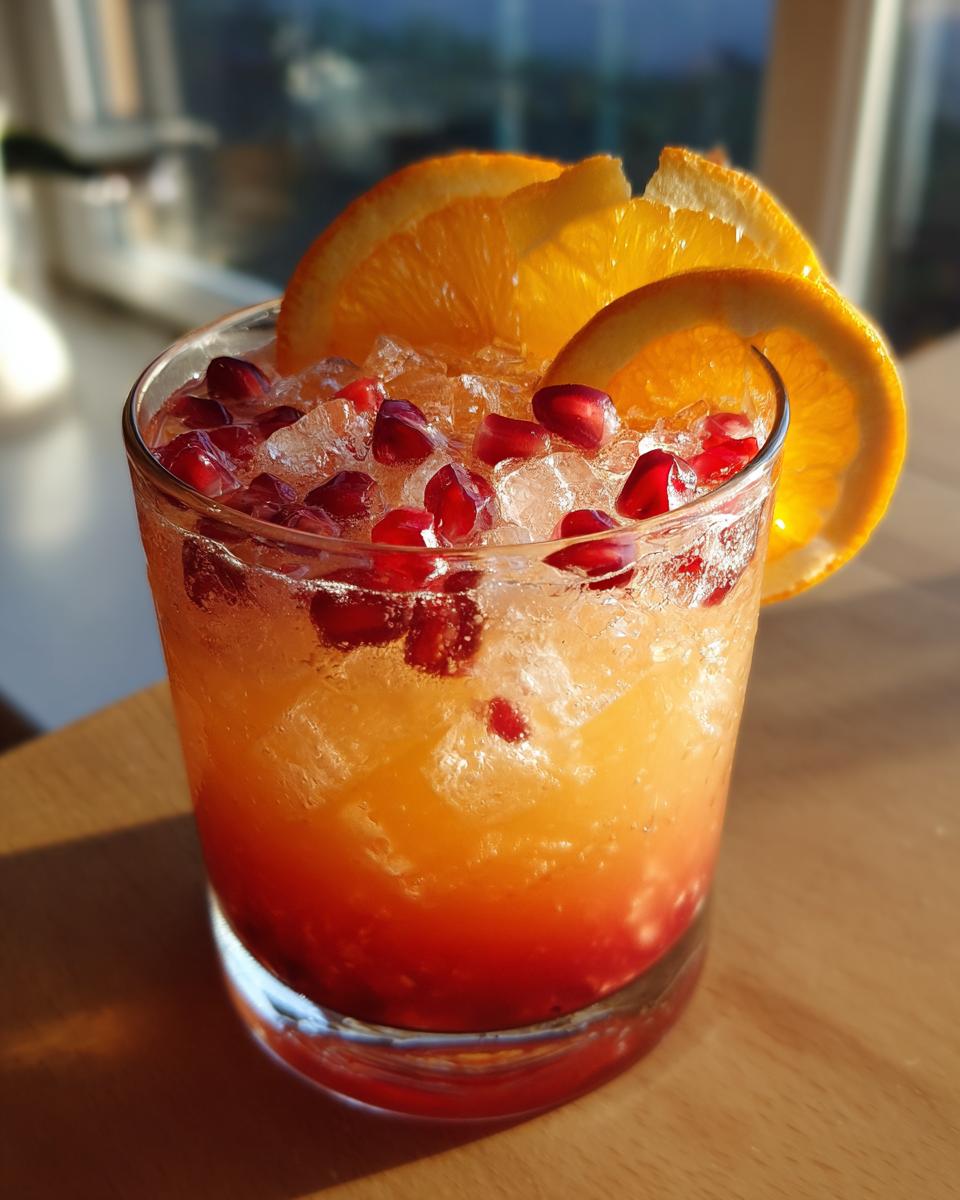 Close-up of a Winter Sunrise Mocktail (Orange + Pomegranate) garnished with orange slices and pomegranate seeds.