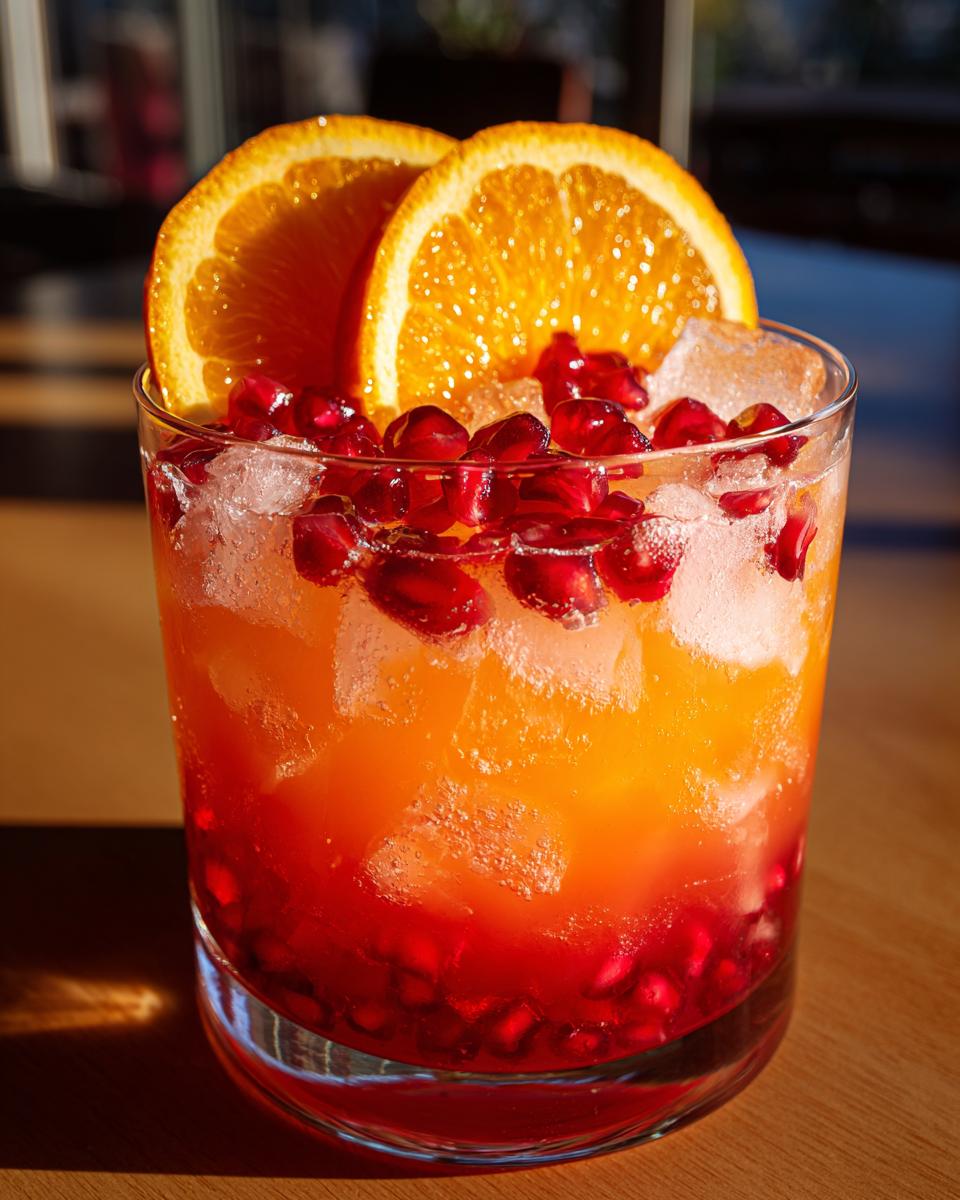 Close-up of a Winter Sunrise Mocktail (Orange + Pomegranate) garnished with orange slices and pomegranate seeds.