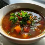 Close-up of a bowl of The Best Winter Vegetable & Barley Soup, with fresh herbs.