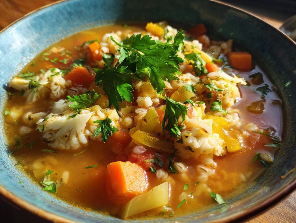 Close-up of a bowl of The Best Winter Vegetable & Barley Soup, with carrots, cauliflower, and barley.