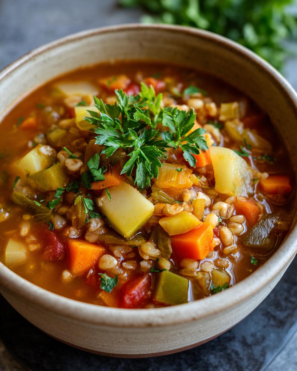 Close-up of a bowl of The Best Winter Vegetable & Barley Soup, with barley, vegetables, and herbs.