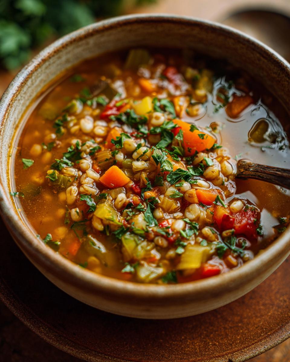 Close-up of a bowl of The Best Winter Vegetable & Barley Soup, with barley, carrots, and herbs.