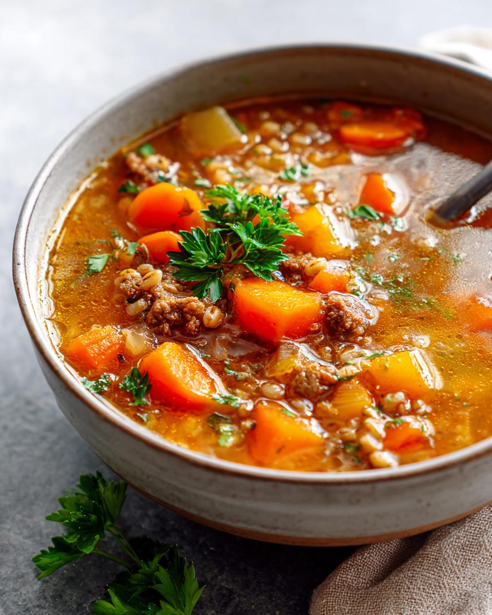 Close-up of a bowl of The Best Winter Vegetable & Barley Soup, with carrots, barley and parsley.