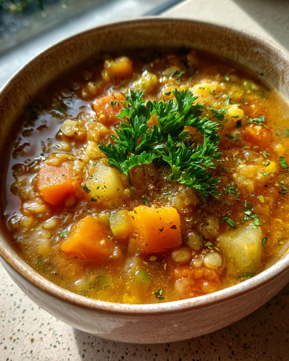 Close-up of a bowl of The Best Winter Vegetable & Barley Soup, with carrots, barley and parsley.