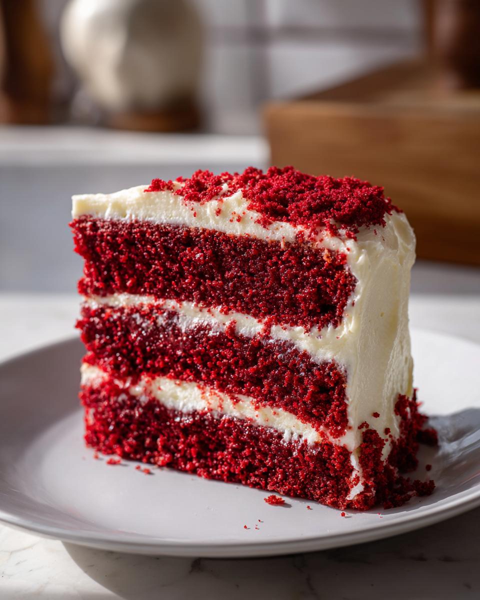 Close-up of a slice of 45-Minute Red Velvet Surprise Cake with cream cheese frosting on a plate.
