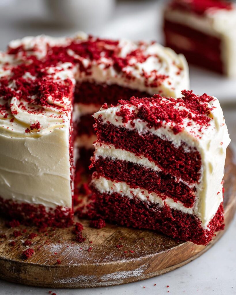 A slice of delicious 45-Minute Red Velvet Surprise Cake, showing layers of red cake and cream cheese frosting.
