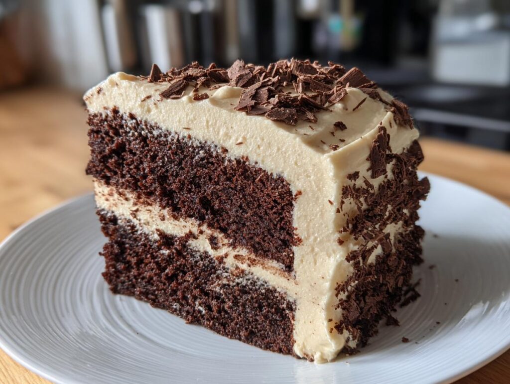 A slice of Baileys Buttercream Frosted Cake on a white plate, topped with chocolate shavings.