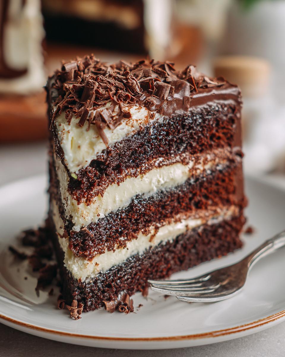 A slice of Baileys Buttercream Frosted Cake with chocolate shavings and frosting on a plate.