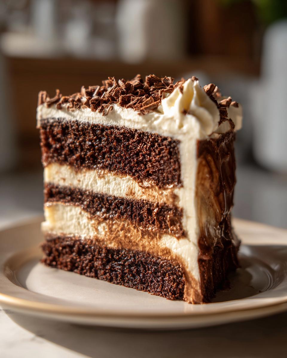 A slice of Baileys Buttercream Frosted Cake on a plate, showing layers of cake and frosting.