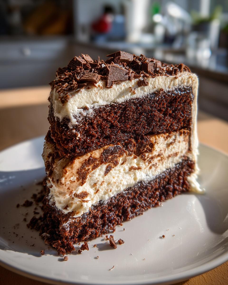 A slice of Baileys Buttercream Frosted Cake on a white plate, topped with chocolate.