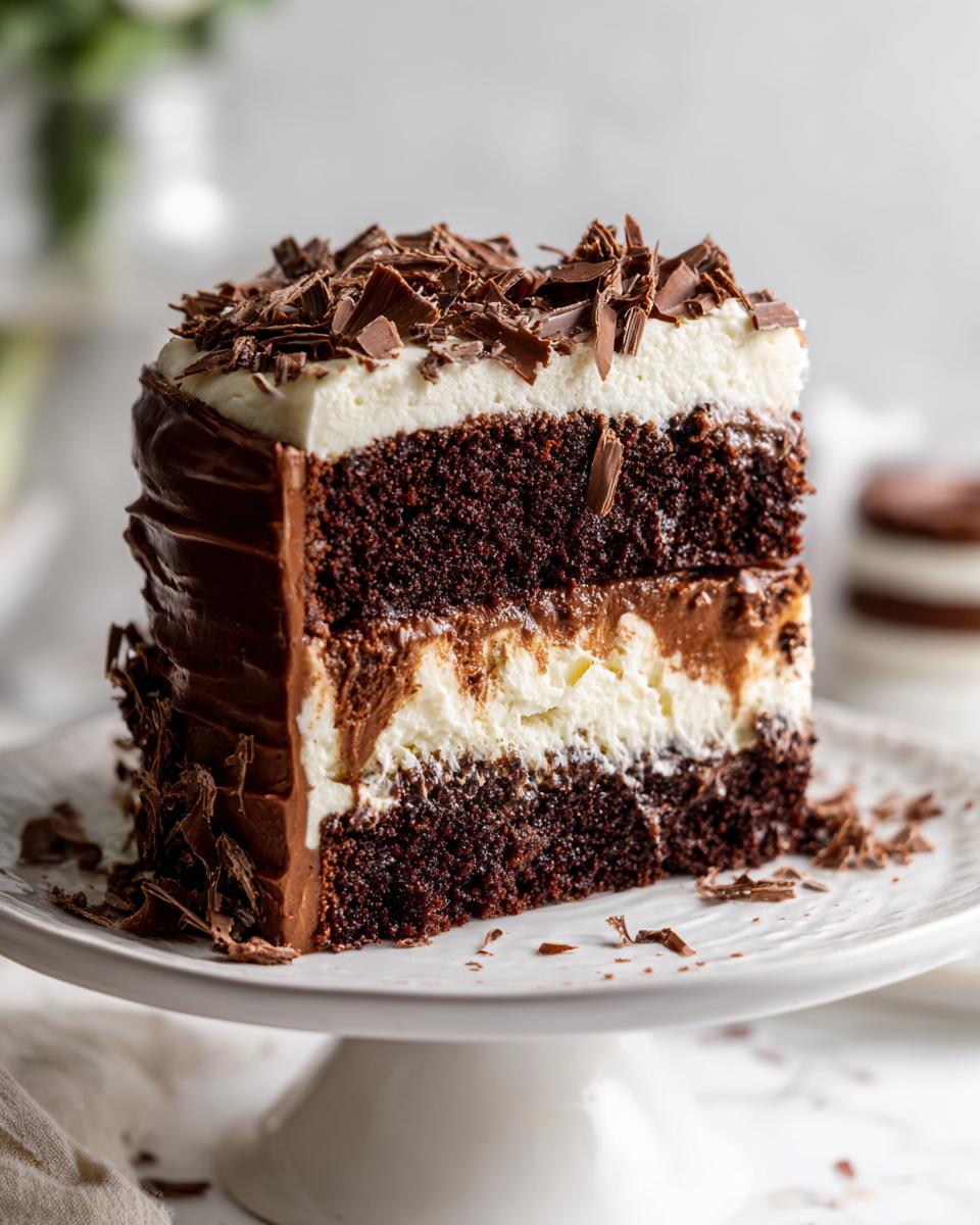 Close-up of a slice of Baileys Buttercream Frosted Cake, showing layers and chocolate shavings.