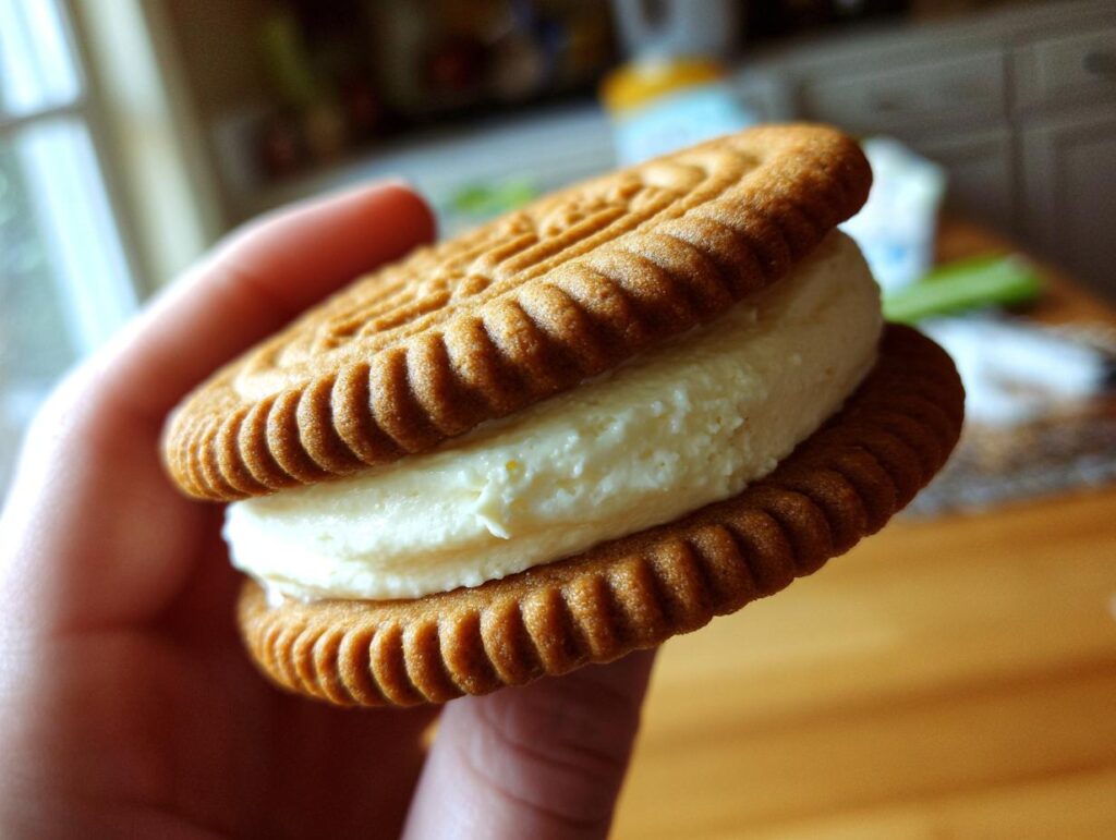 Close-up of a Baileys Irish Cream Sandwich Cookie, held in a hand, showing the creamy filling.