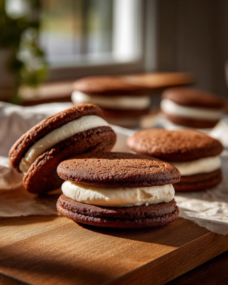 Close-up of Baileys Irish Cream Sandwich Cookies with cream filling on a wooden board.