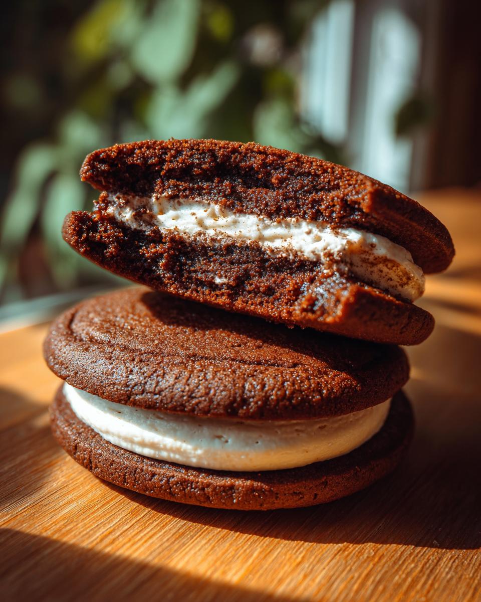 Close-up of two stacked Baileys Irish Cream Sandwich Cookies with cream filling.