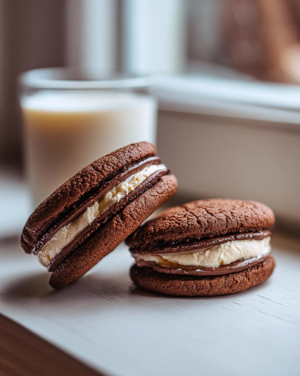 Close-up of two Baileys Irish Cream Sandwich Cookies with cream filling, next to a glass of milk.