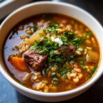 Close-up of a bowl of Beef Barley Guinness Soup with beef, barley, and vegetables.