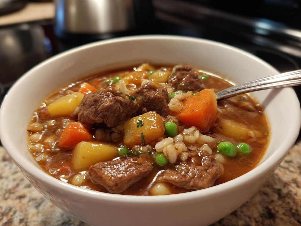 Close-up of a bowl of Beef Barley Guinness Soup with beef, barley, carrots, and peas.