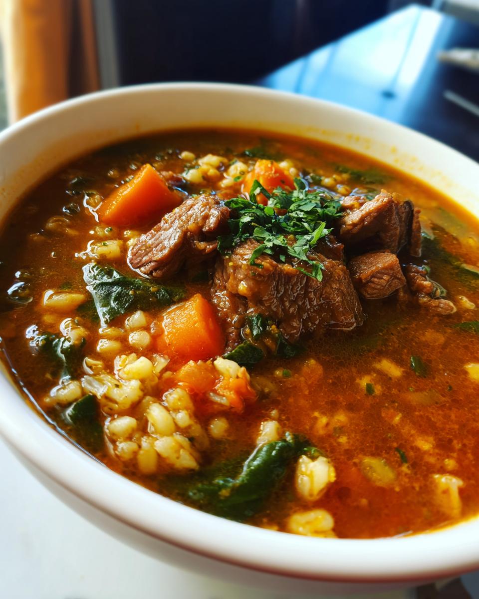 Close-up of a bowl of Beef Barley Guinness Soup with beef chunks, barley, and vegetables.