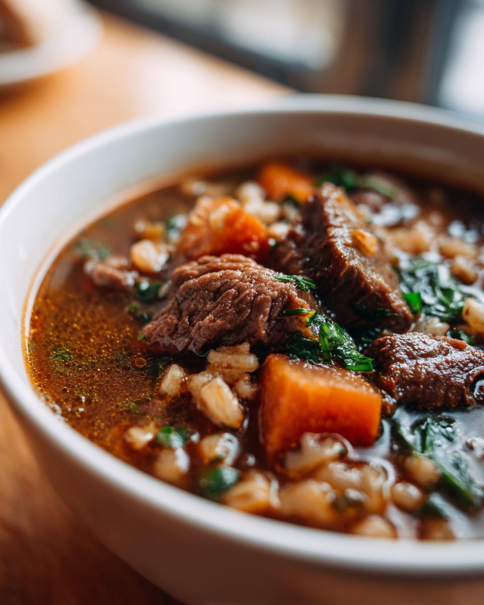 Close-up of a bowl of Beef Barley Guinness Soup with beef chunks, barley, and carrots.