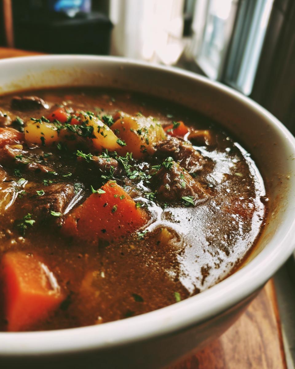 Close-up of a bowl of Beef Barley Guinness Soup with beef, barley, carrots, and potatoes.