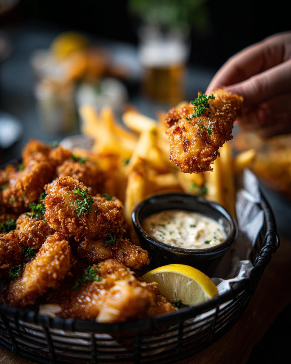 Close-up of a basket of Beer‑Battered Fish and Chips with tartar sauce and lemon.