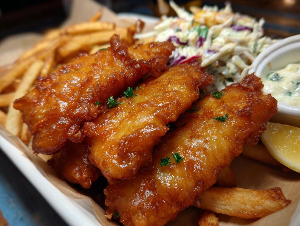 Close-up of a plate of Beer-Battered Fish and Chips with coleslaw and tartar sauce.