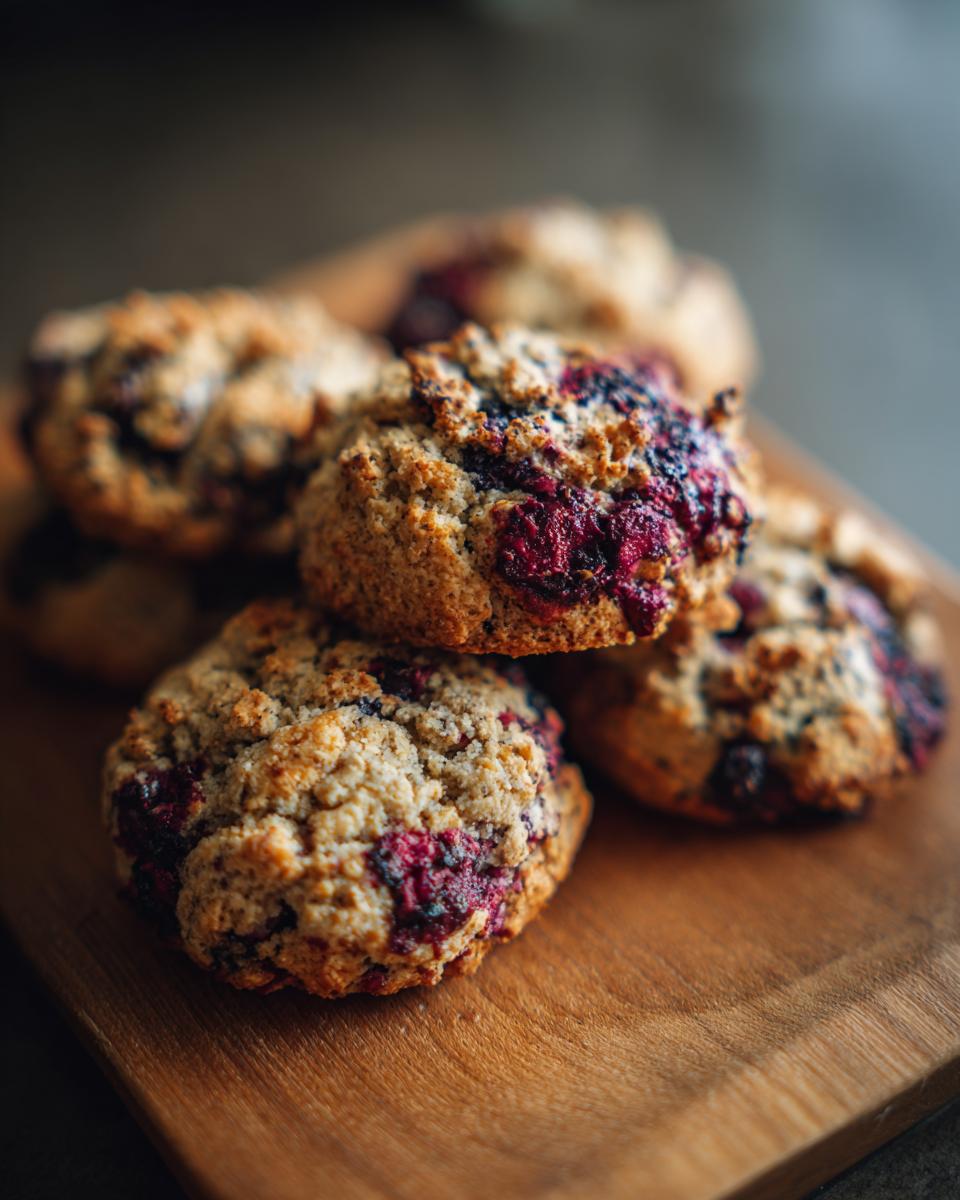 Close-up of a stack of Blueberry Honey Pup Crisps on a wooden board.