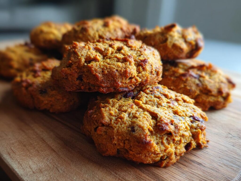 Close-up of a pile of freshly baked Blueberry Honey Pup Crisps on a wooden surface.