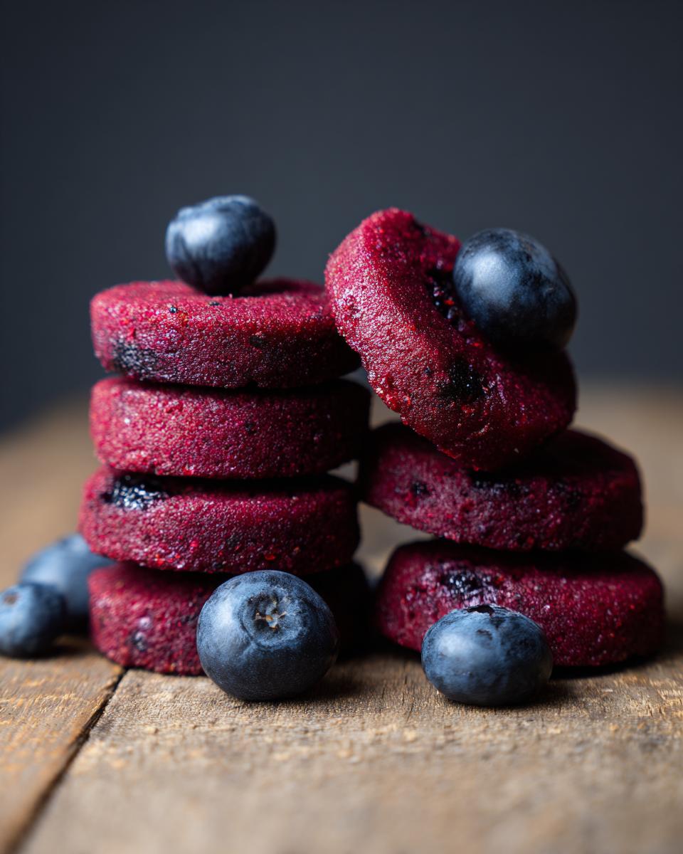 Close-up of stacked Blueberry Honey Pup Crisps with fresh blueberries on a wooden surface.