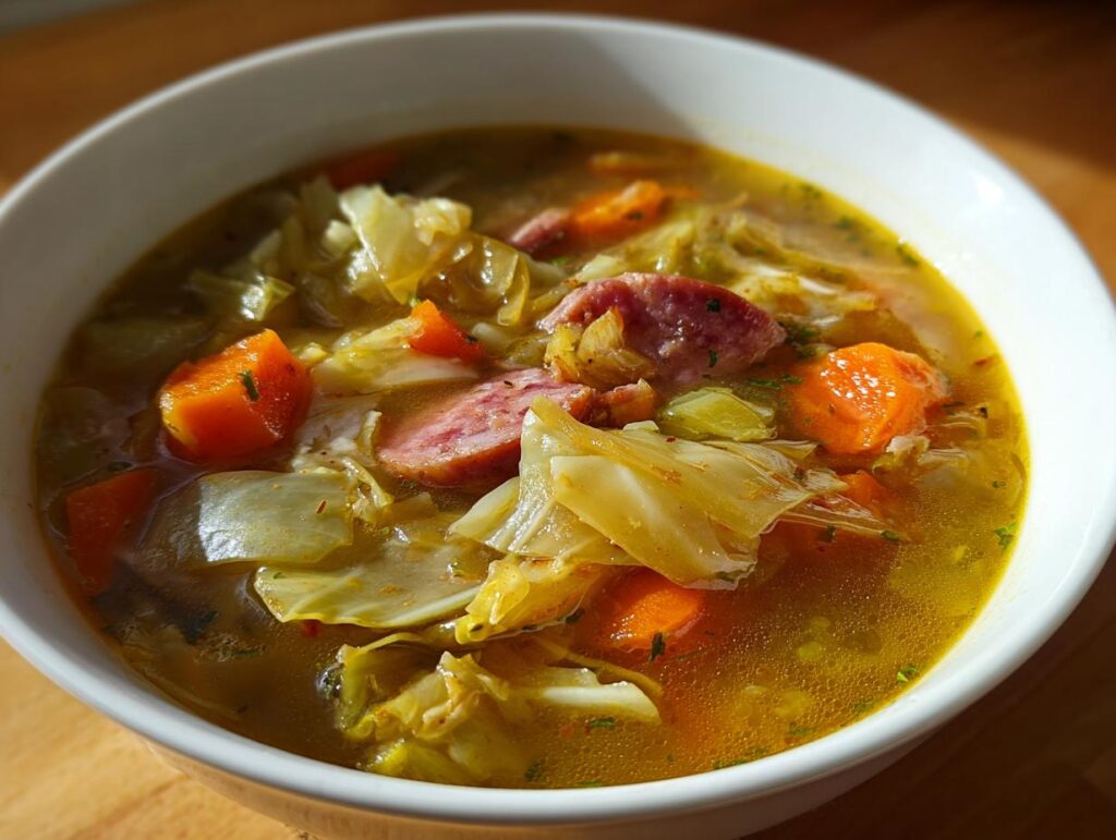 A bowl of delicious Cabbage and Kielbasa Soup with carrots and kielbasa.